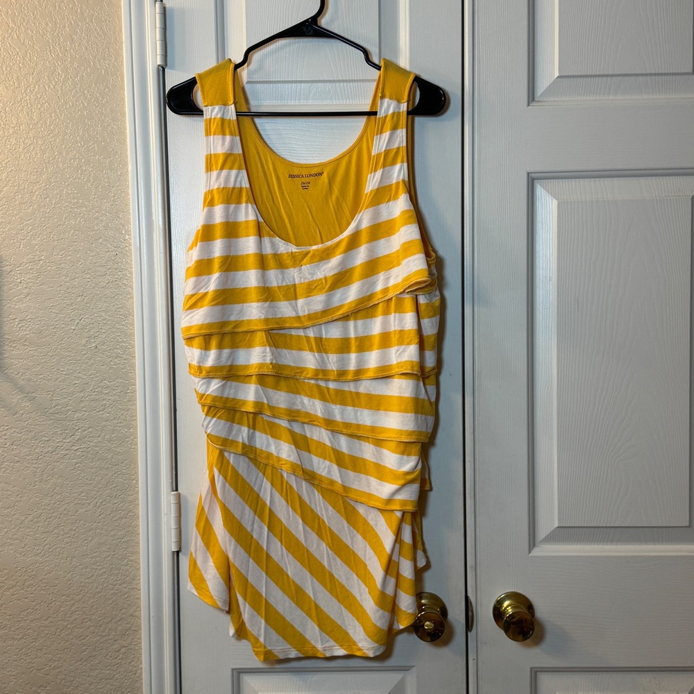 Jessica London Sleeveless Yellow and White Striped Layered Tunic Top, Size 26/28